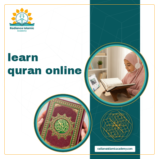 Girl learning Quran online with headphones at home