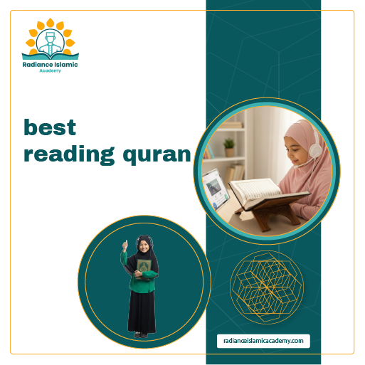 Educational banner for Radiance Islamic Academy showing a young girl reading the Quran with a headset during an online lesson and another student holding the Quran, with academy branding and website URL.