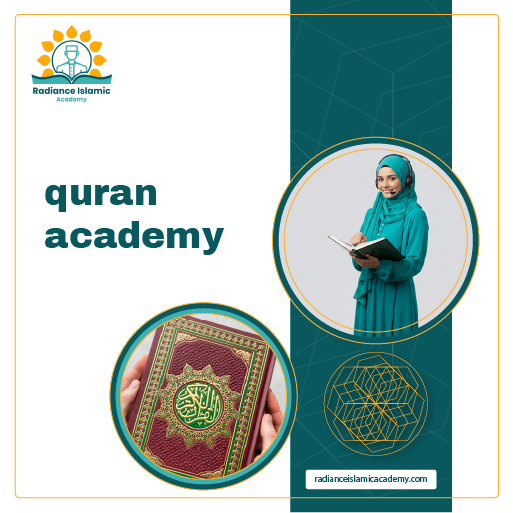 Promotional design for Radiance Islamic Academy featuring a female Quran teacher wearing a headset holding the Quran and a close-up of the Holy Quran, with academy logo and website URL.