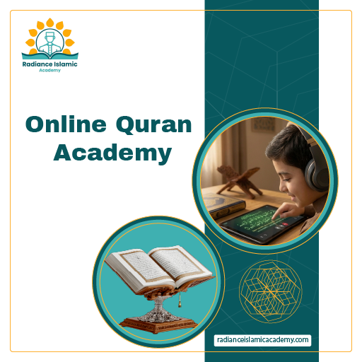Online Quran Academy banner by Radiance Islamic Academy showing a child learning Quran on a tablet with headphones and an open Quran on a traditional wooden stand.