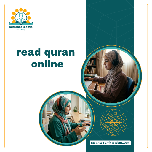 Read Quran online banner by Radiance Islamic Academy featuring two female Quran teachers conducting virtual lessons with headsets.