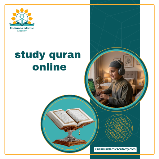 Study Quran online banner by Radiance Islamic Academy featuring a child attending a virtual Quran class on a laptop and an open Quran on a wooden stand.