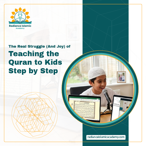 Teaching the Quran to kids online banner by Radiance Islamic Academy showing a child reciting Quran during an online lesson with a microphone and laptop displaying Quran verses.
