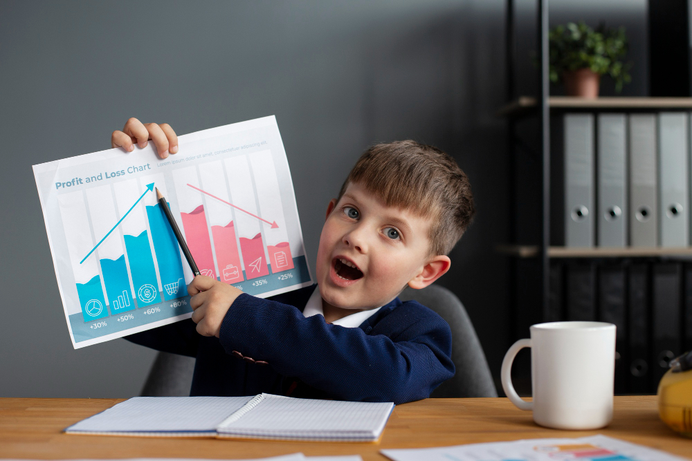 A young boy dressed in a formal navy blue suit jacket and a white collar shirt sits behind a wooden desk, holding up a printed "Profit and Loss Chart." He points a pencil at an upward-trending blue bar with a wide-eyed, enthusiastic, open-mouthed expression.