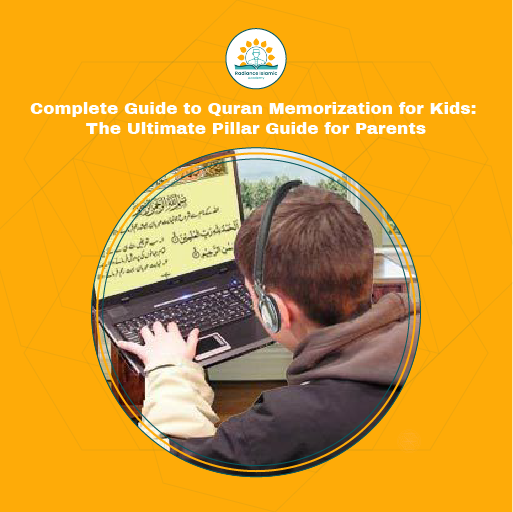 A young boy wearing black headphones sitting in front of a laptop computer displaying Arabic Quranic text, framed inside a circular border on a bright orange background with the title "Complete Guide to Quran Memorization for Kids: The Ultimate Pillar Guide for Parents" and the Radiance Islamic Academy logo.