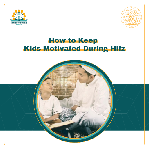 A promotional graphic for Radiance Islamic Academy with the heading "Daily Hifz Routine for Children" in bold teal text. The design has a white and teal background with a central circular frame showing a young girl in a pink cardigan and a headset looking at a laptop screen while taking notes in a spiral notebook.