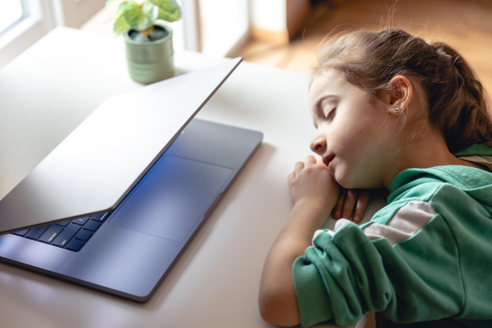 Managing Screen Fatigue and Improving Attention at Home for kids A young girl with a brown ponytail, wearing a green hoodie, sleeps soundly with her head resting on her hand on a white desk next to a partially closed laptop.