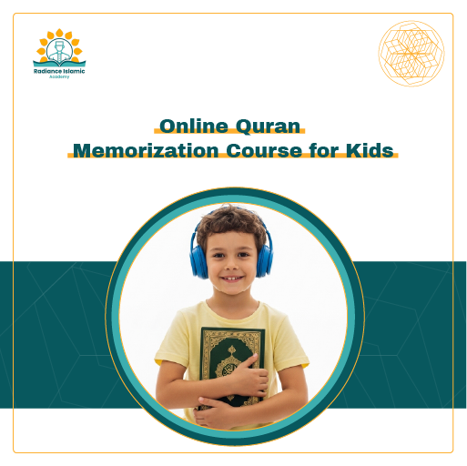Online Quran Memorization Course for Kids A promotional graphic for Radiance Islamic Academy with the heading "Online Quran Memorization Course for Kids" in bold teal text. The layout features a split white and teal background with a central circular frame showing a smiling young boy with curly hair, wearing blue headphones and holding a green Quran to his chest.