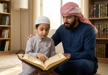 A man with a beard, wearing a blue thobe and a red-and-white checkered ghutra, sits on the floor next to a young boy in a grey thobe and white kufi cap. They are looking at an open Quran on a wooden stand, and the boy points to a line with his finger.