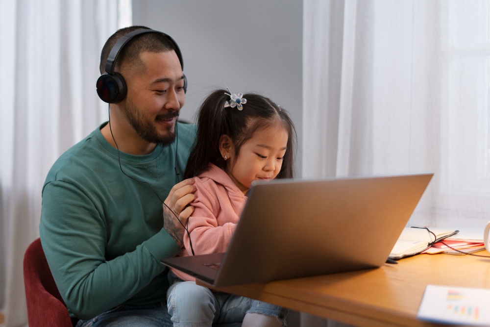 1. Online Quran Classes Make Learning Easier to Fit Into Family Life A professional lifestyle photograph of a smiling father wearing headphones while sitting with his young daughter on his lap in front of a laptop, showing how online Quran classes make learning easier to fit into family life.
