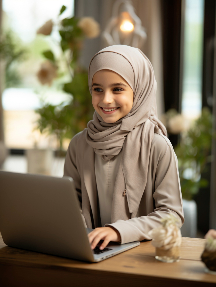 Are Online Quran Classes Valuable for Kids A professional lifestyle photograph of a smiling young Muslim girl wearing a beige hijab and sitting at a wooden desk while typing on a laptop, a concept image illustrating why are online Quran classes valuable for kids in modern learning.