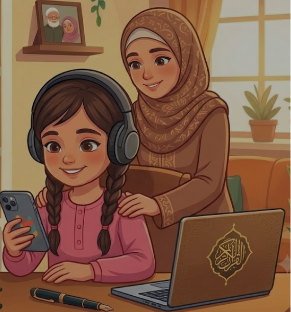 A detailed digital cartoon illustration of a smiling Muslim mother wearing a green dress and olive-green hijab, sitting next to her young daughter in a pink hijab who is enthusiastically typing on a laptop, showcasing the path of finding the best online quran academy for kids and the parent decision journey.