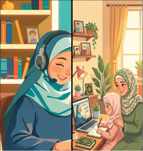 A detailed digital cartoon illustration with a split-screen layout showing a smiling Muslim female teacher with a headset on the left, and a Muslim mother supporting her young daughter during a laptop session on the right, representing the choices around certified online quran teachers and the bigger parent decision.