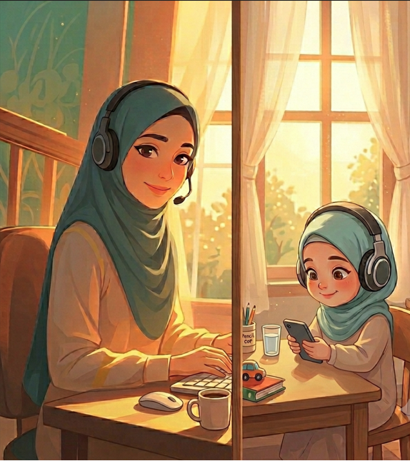 Female Quran Teachers Online for Girls When It Matters Most A warm digital illustration split screen showing a female teacher on the left and a young girl on the right, both wearing teal hijabs and headsets during a remote lesson, a concept image for female Quran teachers online for girls when it matters most.