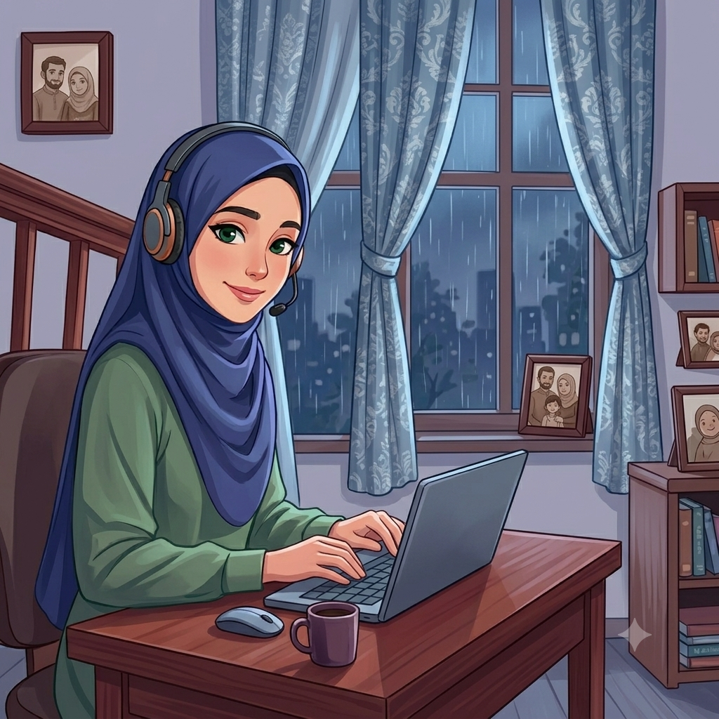Female Quran Teachers for Tajweed and Pronunciation A detailed digital anime-style illustration of a smiling female tutor wearing a dark blue hijab and a headset, working on her laptop in a cozy room at night, a concept image representing the role of female Quran teachers for Tajweed and pronunciation.