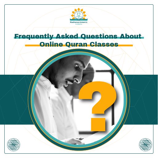 A promotional graphic for Radiance Islamic Academy with the heading "Frequently Asked Questions About Online Quran Classes". The design features a central circular frame showing a black and white photo of a focused young man looking down, overlaid with a large orange question mark icon