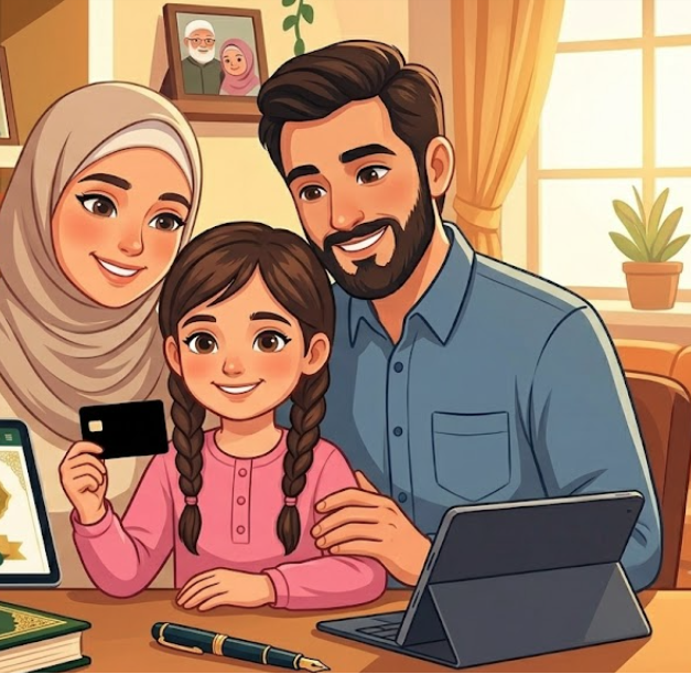A detailed digital cartoon illustration of a smiling Muslim family—a mother in a beige hijab, a father in a blue shirt, and a young daughter holding a black card—sitting at a desk with a tablet and notebook, representing how parents can verify online quran teacher quality.