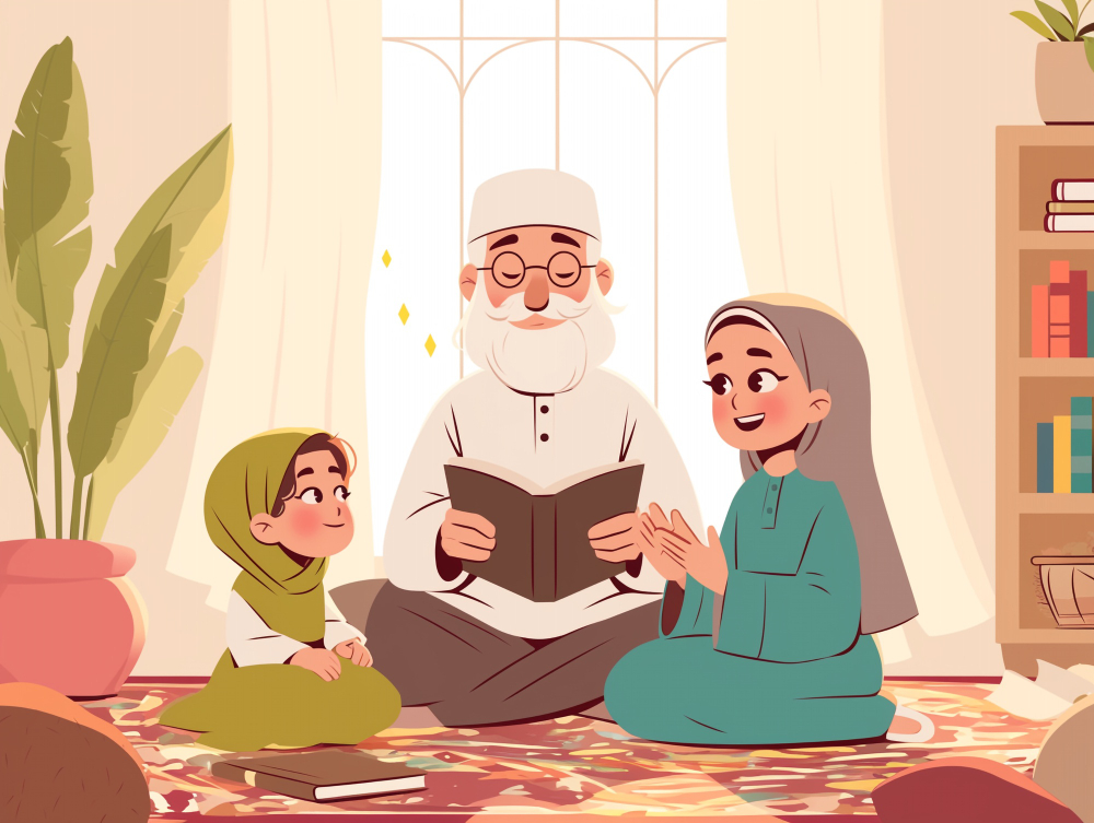 A colorful digital vector illustration of an elderly Muslim grandfather with a white beard and kufi cap holding an open book while sitting cross-legged on a carpet between his two young granddaughters wearing hijabs, symbolizing how an online quran memorization course for kids and the bigger parent journey connect across generations.