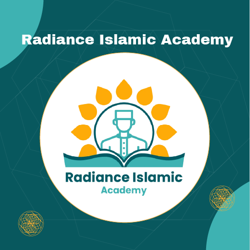 Official logo of Radiance Islamic Academy featuring a stylized sun burst, an icon of a Muslim scholar, and an open book framed inside a white circle on a dark teal geometric background with white heading text.