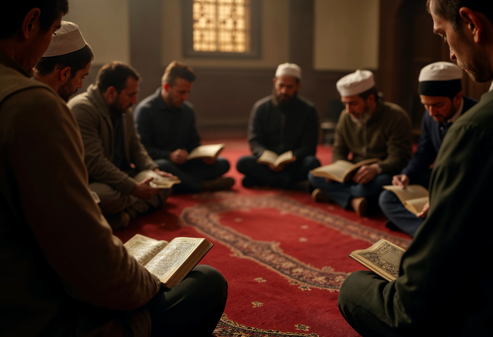 A professional photograph of a traditional circle of Muslim students sitting on a red carpet reading open holy books, capturing the collaborative atmosphere of a private or group online quran memorization course for kids.