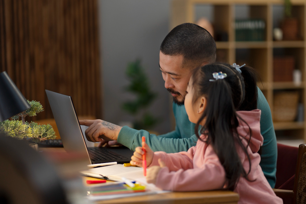 A split-screen digital illustration displaying an online learning connection; on the left, a smiling Muslim female teacher wearing a teal hijab and a headset talks into her microphone, while on the right, a supportive mother in a green hijab stands beside her young daughter in a pink hijab who is writing in a notebook in front of a laptop showing the live classroom.