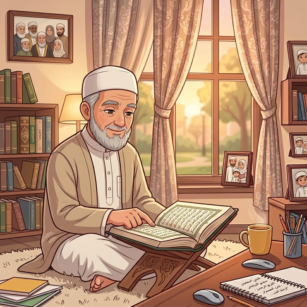Safe Online Quran Teachers for Kids What to Look For A detailed digital illustration of a smiling elderly Muslim teacher with a white beard sitting on the floor and pointing to verses in an open holy book on a rehal stand, concept image for safe online quran teachers for kids what to look for.