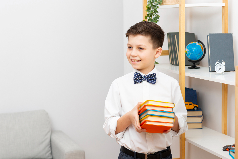 School Readiness and Online Quran Classes A professional lifestyle photograph of a smiling young boy dressed in a white shirt and bowtie, holding a stack of colorful books next to a bookshelf, illustrating the connection between school readiness and online quran classes.
