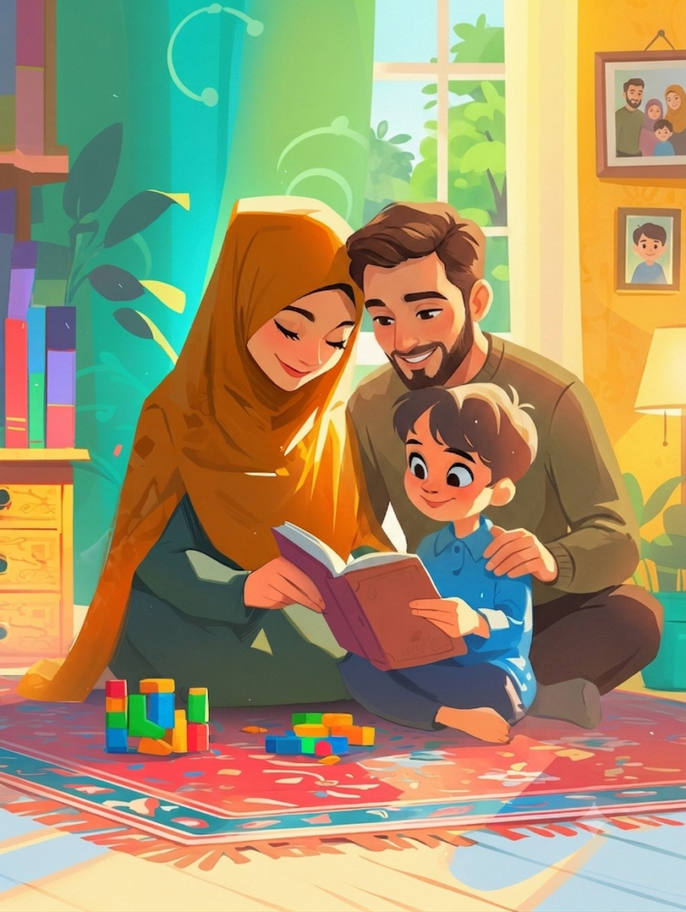 Should Parents Sit Beside the Child During Online Quran Classes A heartwarming digital vector illustration of a Muslim mother in a golden hijab and a smiling father sitting closely on a rug with their young son, holding an open book together to explore if should parents sit beside the child during online quran classes.