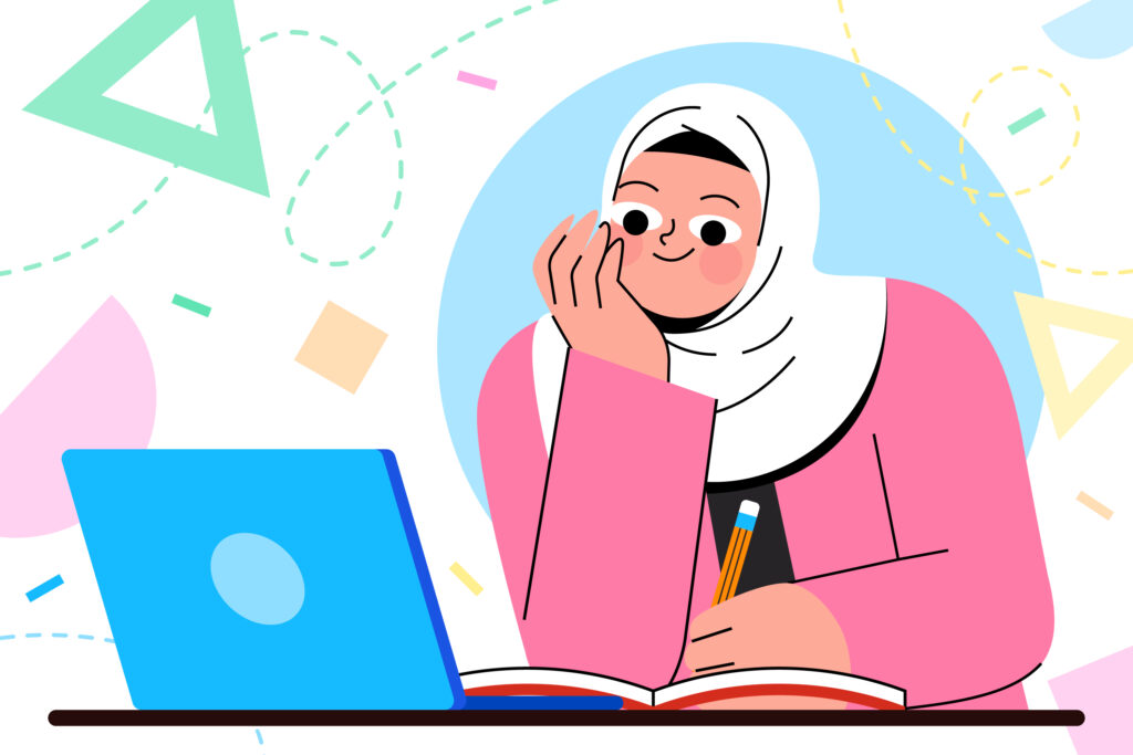Signs Online Quran Classes Are Working A colorful vector cartoon illustration of a smiling young Muslim girl in a hijab studying with her laptop, representing the clear signs online Quran classes are working for a child's education.