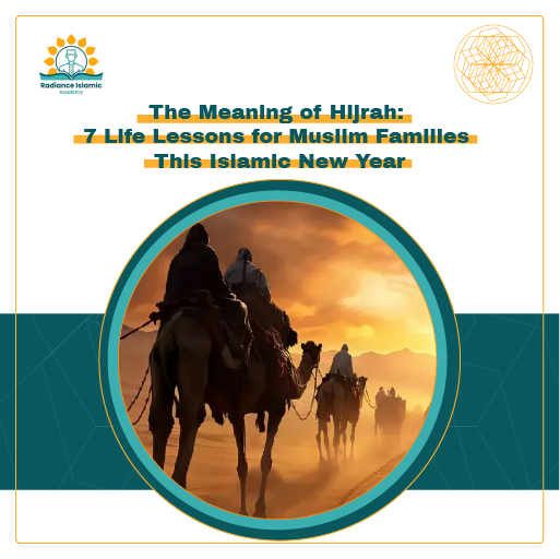 A promotional graphic for Radiance Islamic Academy with the heading "The Meaning of Hijrah: 7 Life Lessons for Muslim Families This Islamic New Year" in bold teal text. The layout features a split white and teal background with a central circular frame showing a caravan of travelers riding camels through a dusty desert landscape toward a glowing golden sunset.