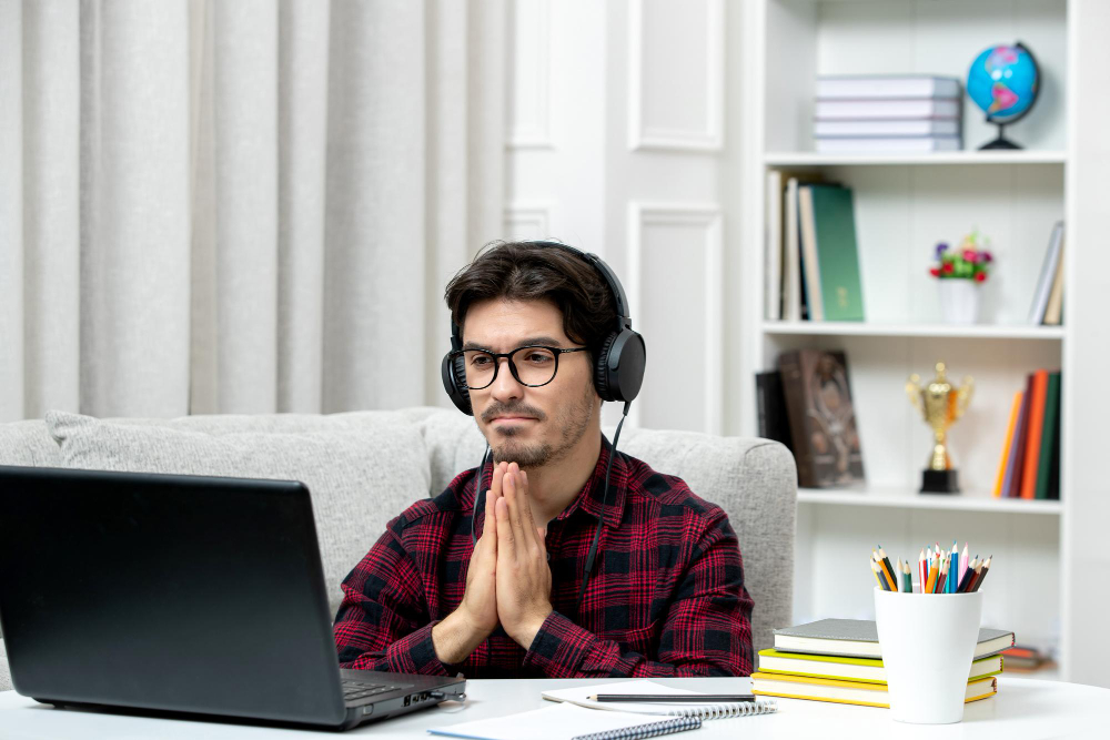 The Teacher Is the Main Difference A professional lifestyle photograph of a focused male teacher wearing glasses and headphones sitting in front of a laptop with his hands pressed together, a concept image illustrating why the teacher is the main difference in virtual education.
