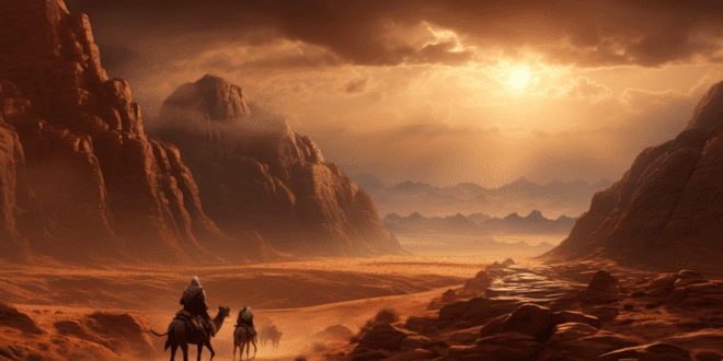 The True Courage of Starting Over in a New Place A wide landscape digital illustration capturing a vast, dramatic desert canyon with massive rocky cliffs under a glowing orange sunset, featuring a small caravan of travelers riding camels along a dusty path in the foreground.