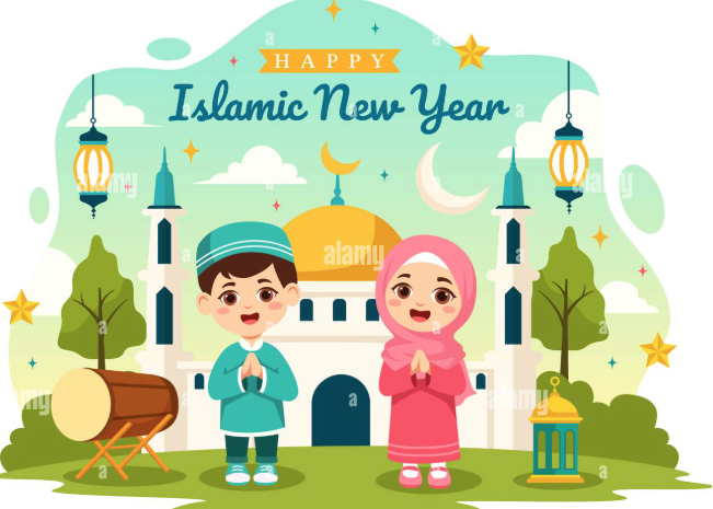 Turning the Islamic New Year Into a Joyful Family Tradition A colorful vector cartoon illustration celebrating the Islamic New Year, featuring a smiling young Muslim boy in a green kufi and a young girl in a pink hijab standing together with hands in prayer in front of a white mosque with a golden dome.