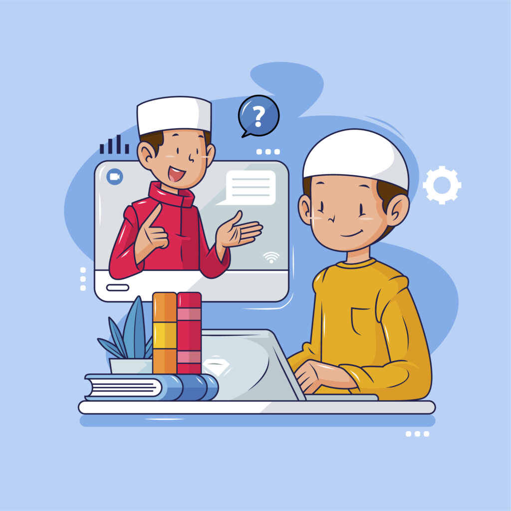 Understand Online Quran Learning A professional horizontal banner with the headline "Understand Online Quran Learning" in bold white text. The design features a laptop open to a virtual classroom setup on a tidy workspace next to a small potted plant, set against a split backdrop of vibrant teal and deep navy blue.