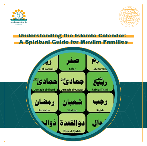 A promotional graphic for Radiance Islamic Academy with the heading "Understanding the Islamic Calendar: A Spiritual Guide for Muslim Families" in bold teal text. The layout features a split white and teal background with a central circular frame enclosing a grid of Islamic months written in both Arabic and English on green shades.
