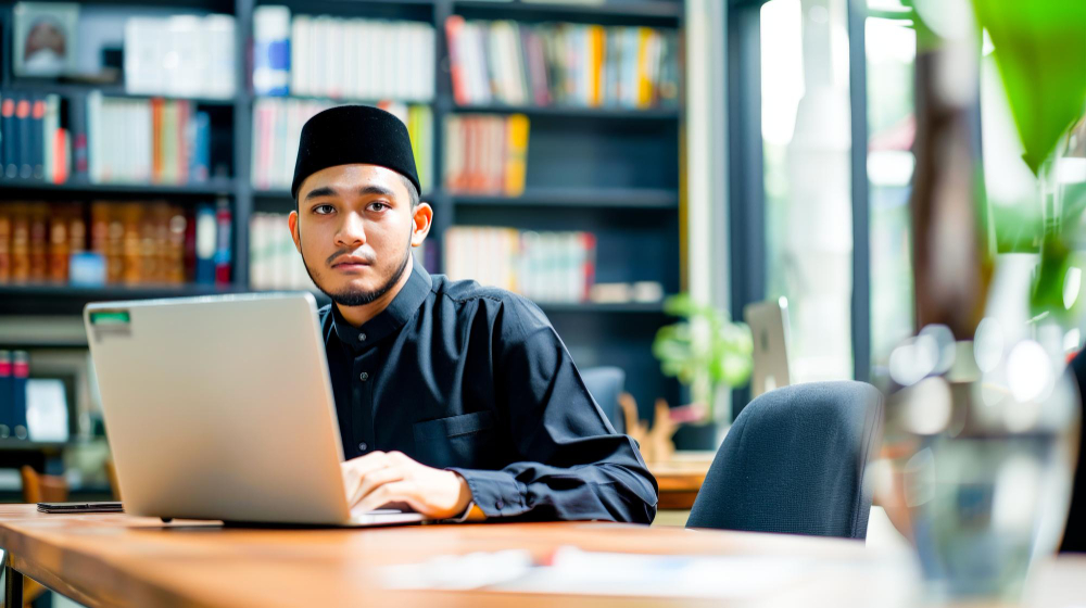A professional horizontal lifestyle photograph of a focused young Muslim teacher at a wooden desk with a laptop, concept image defining what are online Quran classes in a modern library environment.