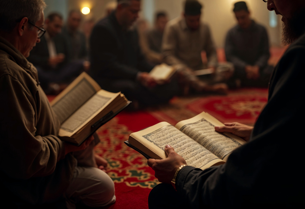 A close-up lifestyle photograph of Muslim men sitting in a circle on a red carpet while reading the holy book, showcasing what are traditional Quran classes like in a mosque setting.
