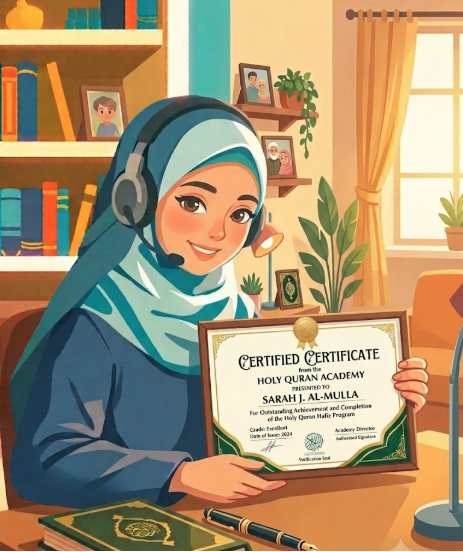 A detailed digital cartoon illustration of a smiling Muslim female teacher wearing a light blue hijab and headset, holding up a framed "Certified Certificate from the Holy Quran Academy" made out to Sarah J. Al-Mulla, explaining what does certified online quran teacher mean.
