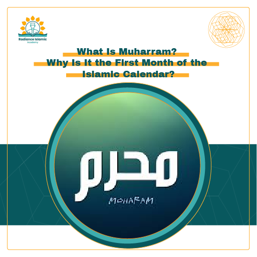 A promotional graphic for Radiance Islamic Academy with the heading "What Is Muharram? Why Is It the First Month of the Islamic Calendar?" in bold teal text. The layout features a split white and teal background with a central circular frame showcasing the Arabic word "محرم" in white calligraphy on a shaded green background.