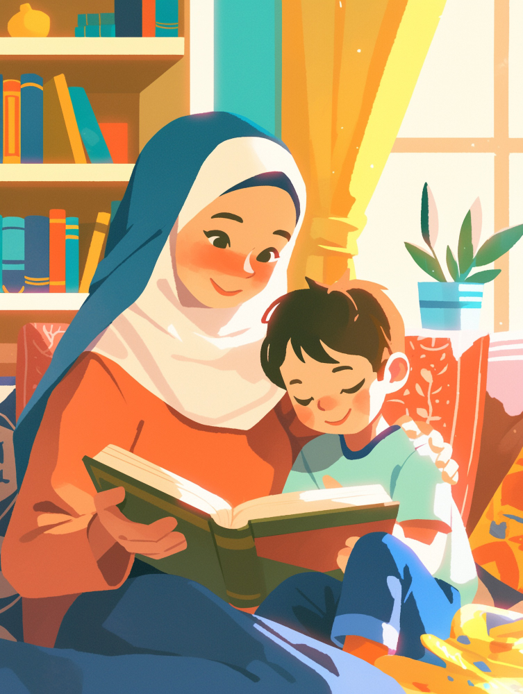A detailed digital cartoon illustration of a Muslim mother in a blue hijab holding a clipboard labeled "Post-Lesson Feedback Checklist" while talking to her young son on a sofa next to an open laptop, a visual checklist for what parents should ask after the first online quran class.