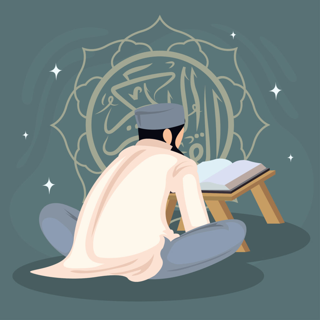 A professional lifestyle photograph of a focused Muslim teacher wearing a traditional red ghutrah and headphones, sitting in a dimly lit modern home office while looking at his laptop screen to demonstrate how parents can decide whether online Quran classes can actually work.