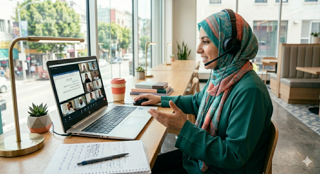 A high-quality lifestyle photograph of a smiling Muslim female teacher wearing a green patterned hijab and long-sleeved top with black headphones and a microphone, conducting a live virtual class on her laptop while sitting at a long wooden desk facing a bright window looking out at a city street.