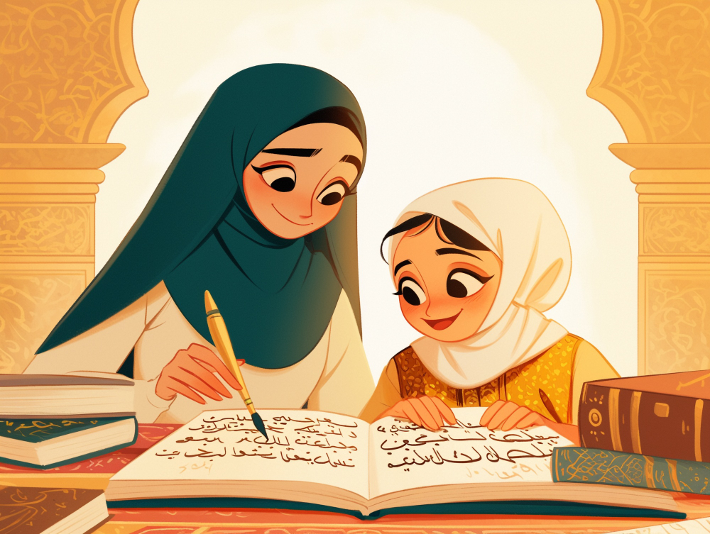 A beautiful digital art illustration of a smiling Muslim female teacher wearing a dark teal hijab, using a traditional wooden pen to guide a young girl in a white hijab as they read an open book of Arabic script together, illustrating why tajweed classes for kids matter.
