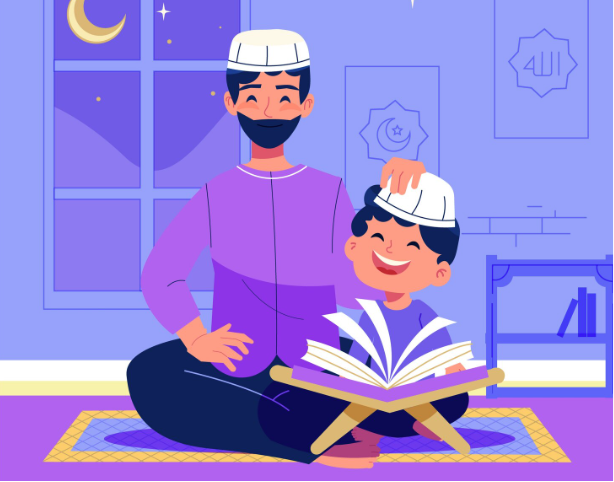 A colorful digital vector illustration of a smiling Muslim father sitting cross-legged next to his happy young son on a prayer mat, patting his head while reading an open holy book on a wooden rehal stand, demonstrating why the teacher matters more than the platform.