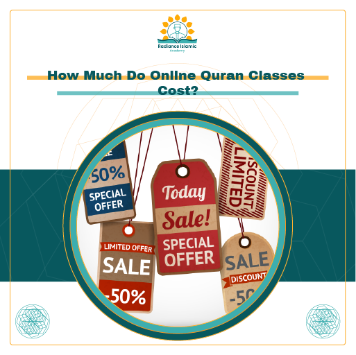 A promotional graphic for Radiance Islamic Academy with the heading "How Much Do Online Quran Classes Cost?" in bold teal text. The layout features a split white and teal background with a central circular frame enclosing a collection of hanging retail price tags displaying discount offers like "50% Special Offer" and "Today Sale!".