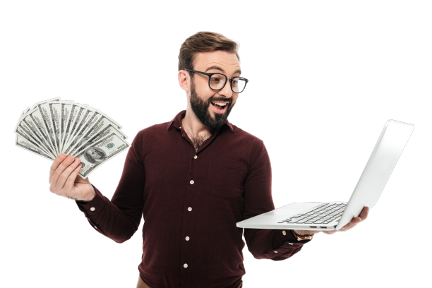 shocked-young-man-holding-money-laptop-computer A professional studio photograph of an excited bearded man wearing glasses, holding an open laptop in one hand and a fan of cash in the other, a concept image illustrating that affordable should still mean quality when choosing educational services.