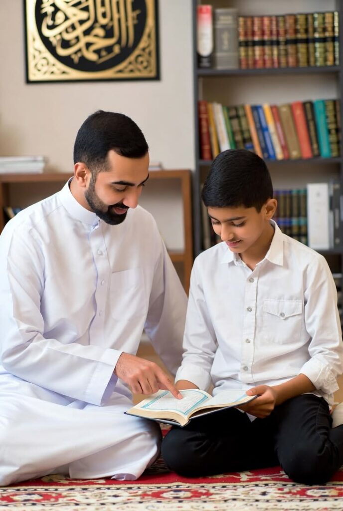 A Note for Parents and Beginners A bearded man in a white thobe points to a page in an open Quran held by a young boy wearing a white button-down shirt, as they sit together on a patterned rug in a room with a bookshelf and Islamic calligraphy on the wall.