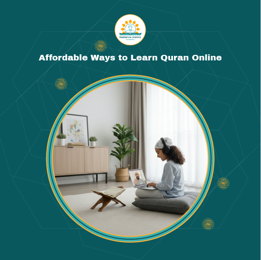 A young girl wearing headphones sitting cross-legged on a floor cushion with a laptop, attending an online class with a male teacher visible on the screen next to an open Quran on a wooden stand (Rahl), framed in a circle on a teal background with the title "Affordable Ways to Learn Quran Online" and the Radiance Islamic Academy logo.