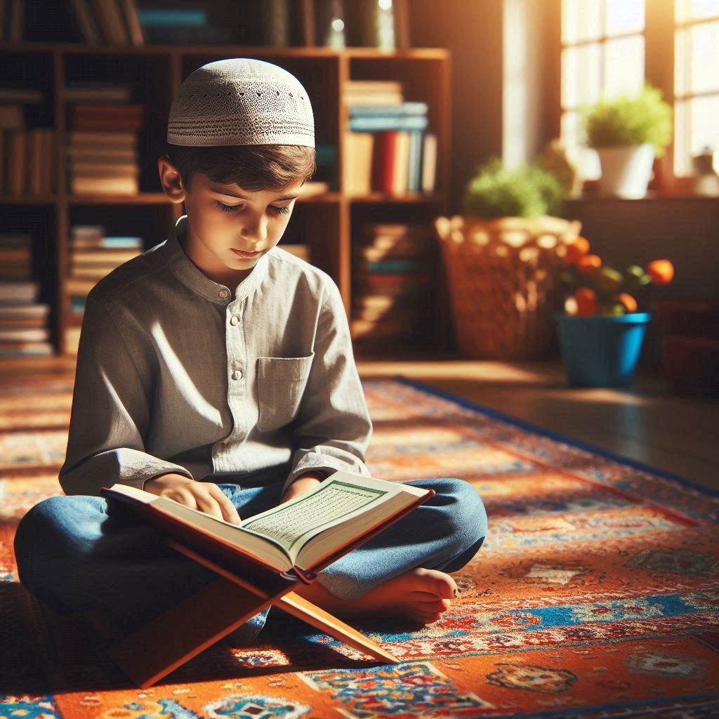 Begin Guided Quran Reading A square digital illustration of a young Muslim boy wearing a white knit kufi cap and a grey mandarin collar shirt, sitting cross-legged on a colorful patterned rug and reading an open Quran placed on a wooden stand.
