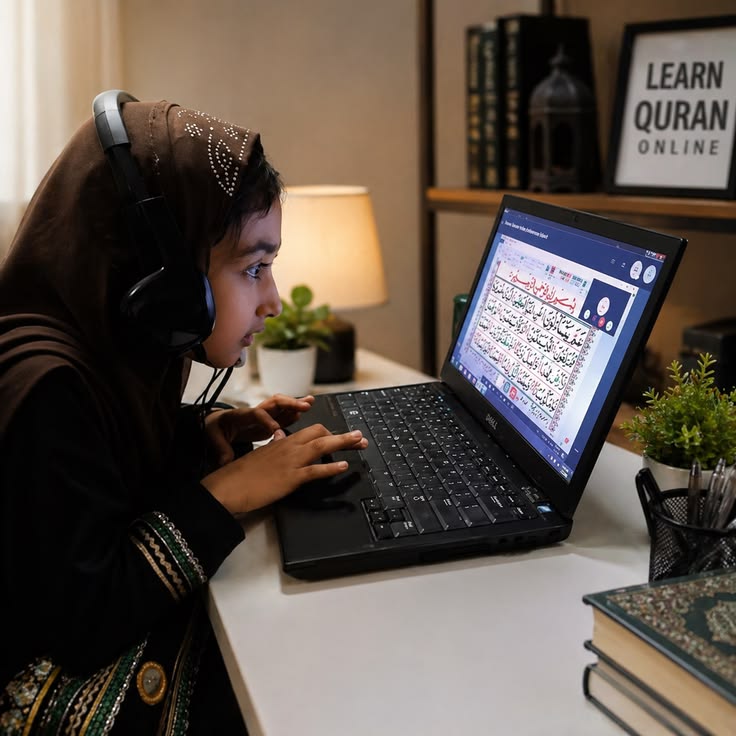 Can Kids Learn Quran Online A square photograph of a young Muslim girl wearing a brown hijab and a black dress with gold embroidered cuffs, wearing black headphones and looking intently at a laptop screen displaying an open Quran page within an online video-class interface.